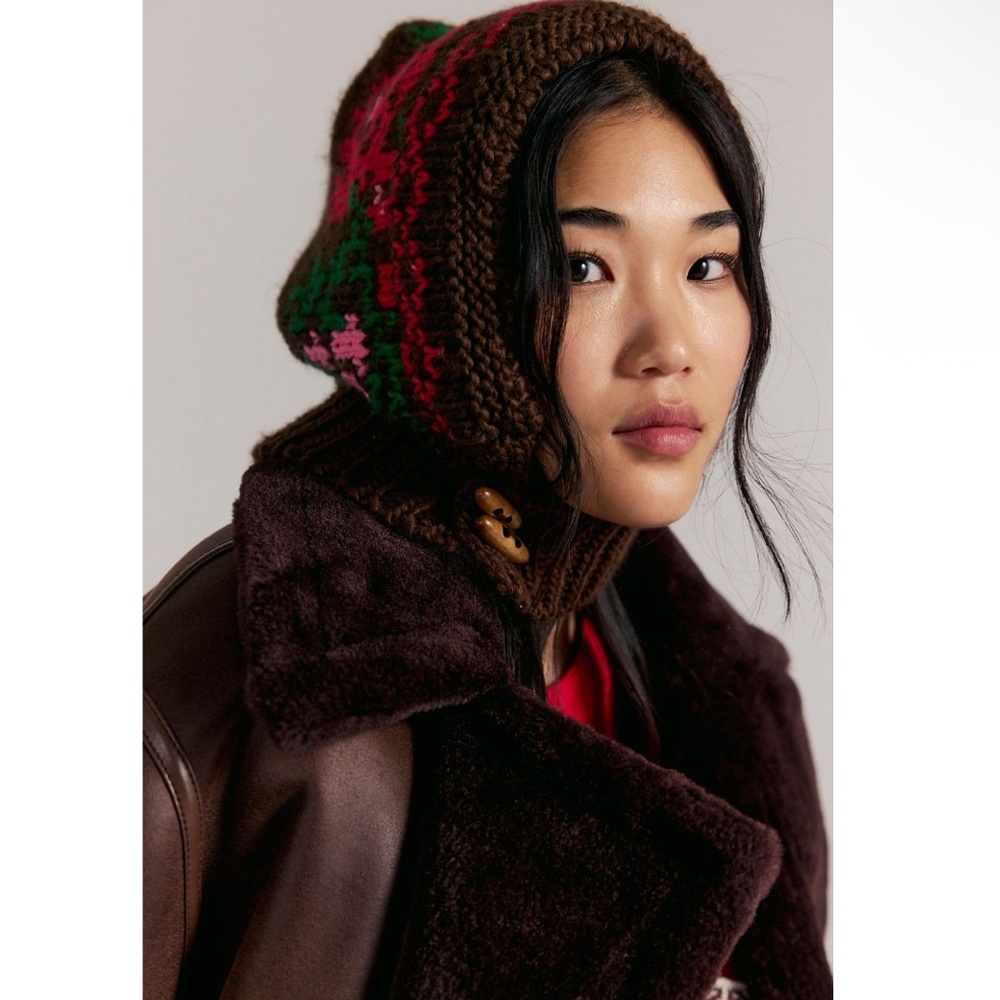 Free People Rose Frost Hood Floral Chunky Knit Balaclava Hood Hat w/ Buttons - Picture 2 of 7